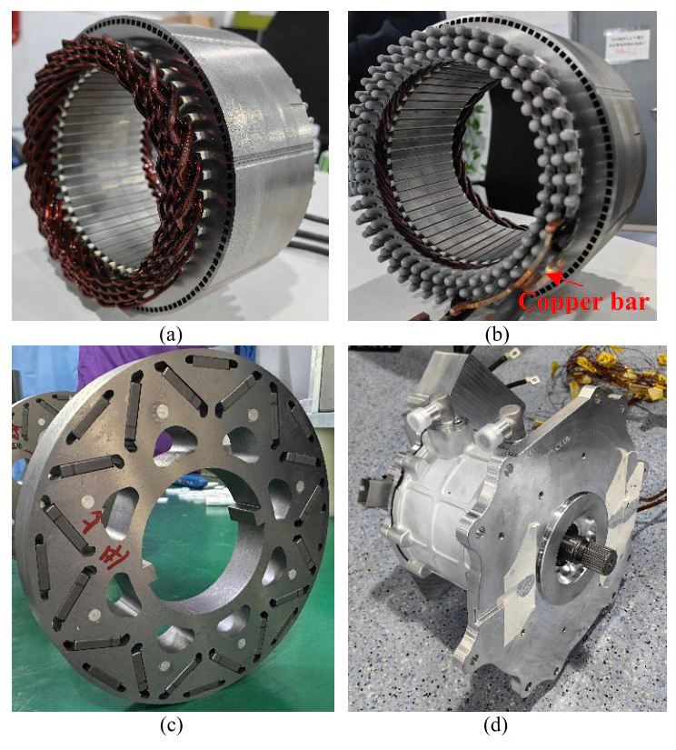 Six-layer hairpin winding machine prototypes: stator, rotor and assembly.
