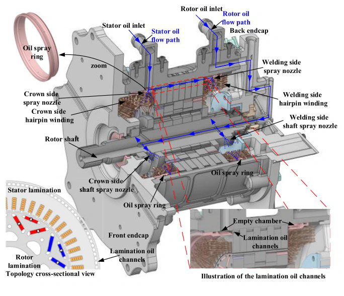 Oil-cooling paths in a hairpin-winding permanent magnet traction machine.